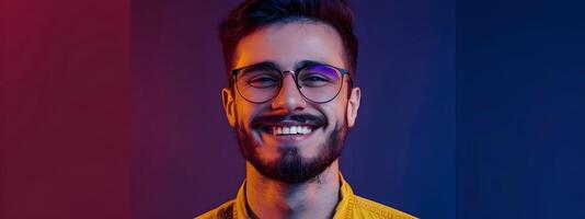Smiling Young Software Engineer Working on Colorful Background photo