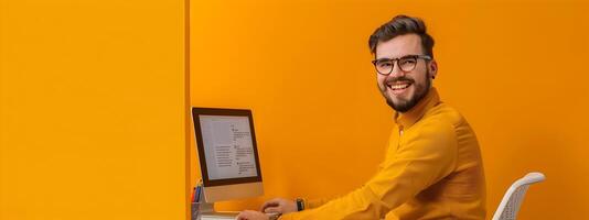 Successful Young Tech Professional Smiling While Working on Laptop in Bright Office Environment photo