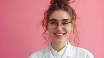 Smiling Young Woman in Glasses on Vibrant Pink Background photo