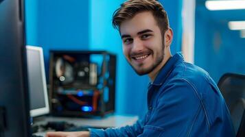 Smiling Young Technical Specialist Working on Color Background photo