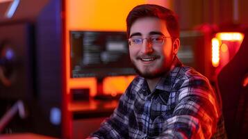 Smiling Young Network Administrator Working on Computer in Office photo