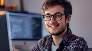 Smiling Young Software Developer Working on Laptop in Office Setting photo