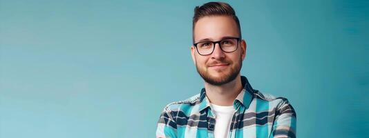 Smiling Young Professional Developer Working on a Colorful Background photo