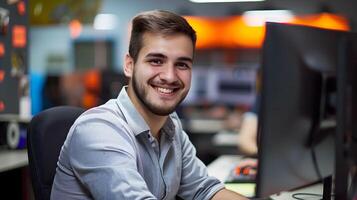 Smiling Young Technical Specialist Working at Computer Desk photo