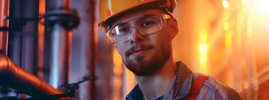 Hardworking Pipefitter Repairing Industrial Equipment in Colorful Workshop photo