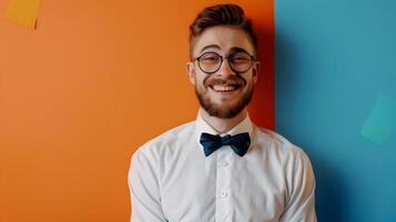 Friendly Young Professional Wearing Formal Attire with Positive Expression on Vibrant Background photo