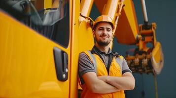 Hardworking Crane Operator in Bright Yellow Uniform Operating Heavy Machinery on the Job Site photo