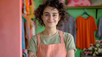 Portrait of Smiling Young Merchandising Associate Posing in Colorful Retail Store Environment photo