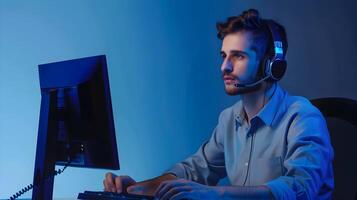 Portrait of Young Professional Helpdesk Worker Providing Technical Assistance on Computer photo
