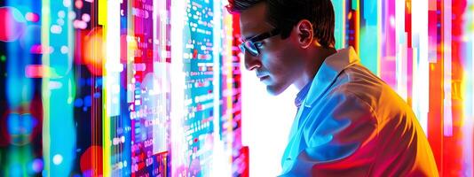 Intelligent Computer Scientist Contemplating Digital Advancements on Vibrant Neon Background photo
