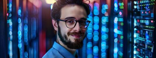 Serious Young Network Administrator Smiling at While Working on Technological Background photo