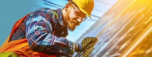 Portrait of A Skilled Solar Photovoltaic Installer Working Diligently at the Job Site with Precision and Dedication photo