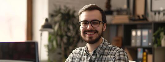 Smiling Young Software Engineer Happily Working in Modern Office Environment photo