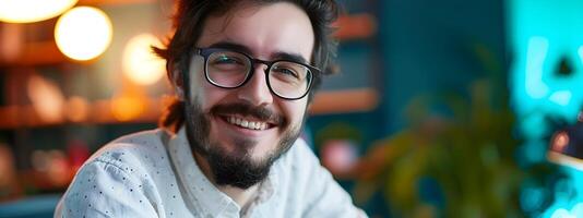 Smiling Young Software Engineer Working in Colorful Office Environment photo