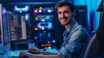 Smiling Young Network Administrator Working at Computer Desk photo