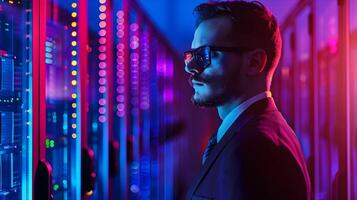 Neon Lit Businessman in Futuristic City Backdrop photo