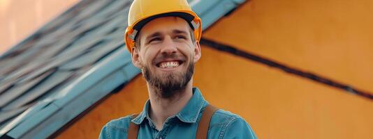 Hardworking Construction Worker Proudly Displays His Expertise on a Color Background photo