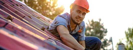Hardworking Roofer Repairing Color Roof on Bright Day photo