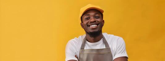 Portrait of a Cheerful Young Retail Employee Smiling with Enthusiasm and Confidence on a Vibrant Background photo