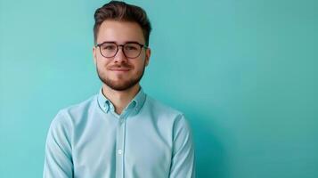 Positive Young Business Executive in Smart Casual Attire on Vibrant Background photo
