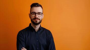 Portrait of Focused SQL Developer Posing Against Vibrant Orange Studio Background photo