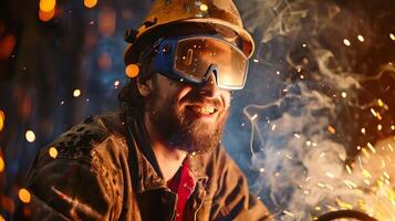 Hardworking Welder Performing Metal Fabrication in Industrial Workshop photo
