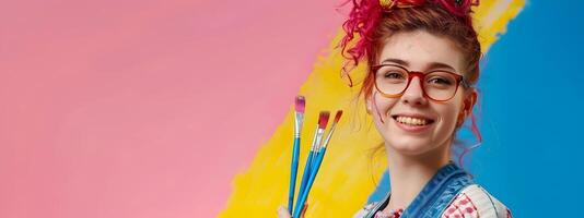 Joyful Young Female Painter Expressing Creativity on Colorful Background photo