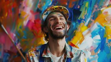 Joyful Young Painter Embracing Creativity on Vibrant Color Background photo
