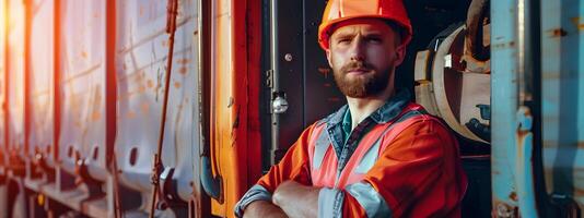 Hardworking Heavy Equipment Operator Stands Proudly at the Job Site Overseeing and Ensuring Safety Protocols photo