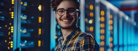 Smiling Young Network Administrator Proudly Working on Computer in Colorful Office Environment photo