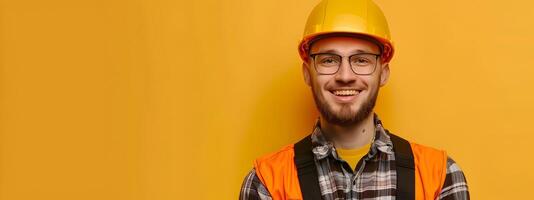 Hardworking Building Inspector in Protective Workwear Smiling on Color Background photo