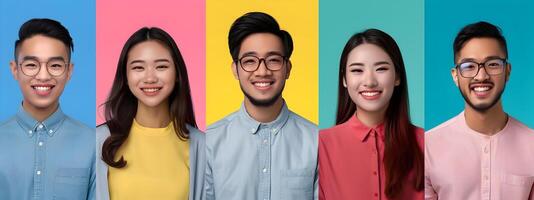 Portrait of Diverse Young Professional Colleagues Smiling Together Against Colorful Backgrounds photo