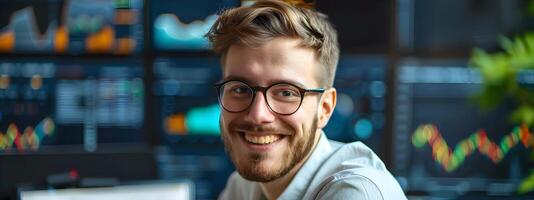 Hardworking Financial Analyst Reviewing Data and Charts with Cheerful Expression in an Office Setting photo