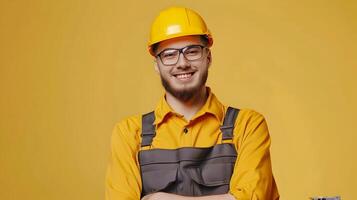 Hardworking Construction Worker in Uniform Smiling on Color Background photo