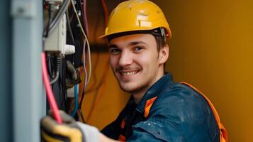 Portrait of Smiling Young Professional Electrician in Uniform and Hardhat on Colorful Background photo