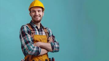 Skilled Carpenter in Uniform Posing Confidently on Colorful Background photo