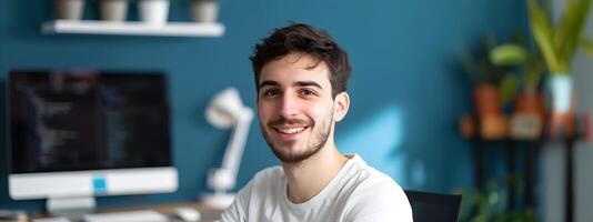 Smiling Young Software Developer Working at Colorful Modern Office photo