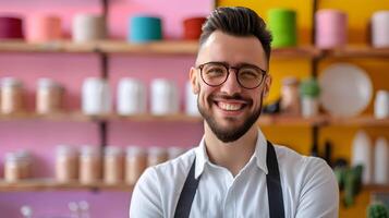 Smiling Young Professional Store Manager on Vibrant Background photo