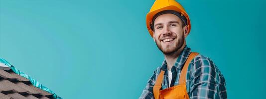 Hardworking Roofer Proudly Completing Construction Project on Vibrant Background photo