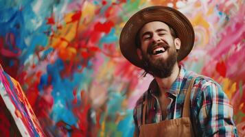 Joyful Painter Crafting Vibrant Masterpiece on Colorful Background photo