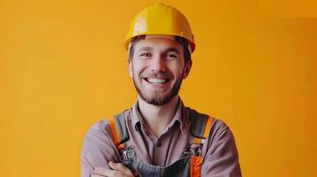 Portrait of Cheerful Construction Worker in Hardhat and Uniform at Worksite photo