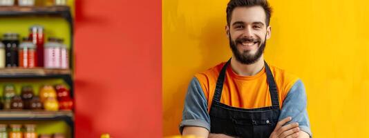 Smiling Young Retail Employee Standing in Front of Vibrant Background photo