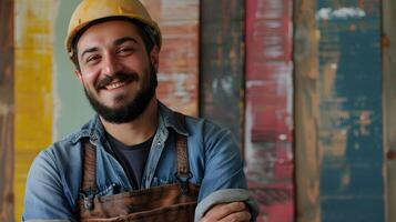 Hardworking Carpenter Proudly Smiling on Colorful Construction Site Background photo