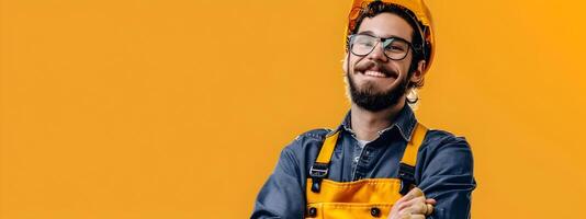 Joyful Carpenter Proudly Displaying Workwear on Vibrant Background photo