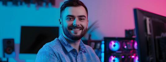 Smiling Young Network Administrator Working on Colorful Digital Background photo