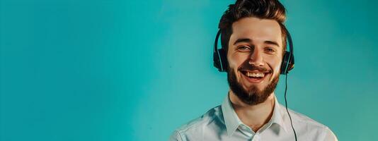 Happy Young Client Service Specialist with Headset Working on Colorful Background photo