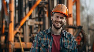 Happy Well Driller Working on Colorful Construction Site Landscape photo