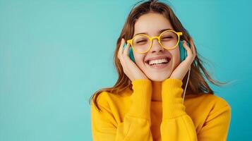 Happy Young Professional Woman in Customer Service Role Smiling on Colorful Background photo
