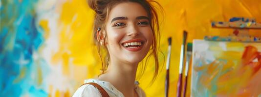 Joyful Young Painter Smiling Amid Vibrant Backdrop photo
