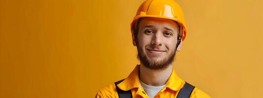 Happy Young Crane Operator Posing in Yellow Hardhat and Vest on Color Background photo